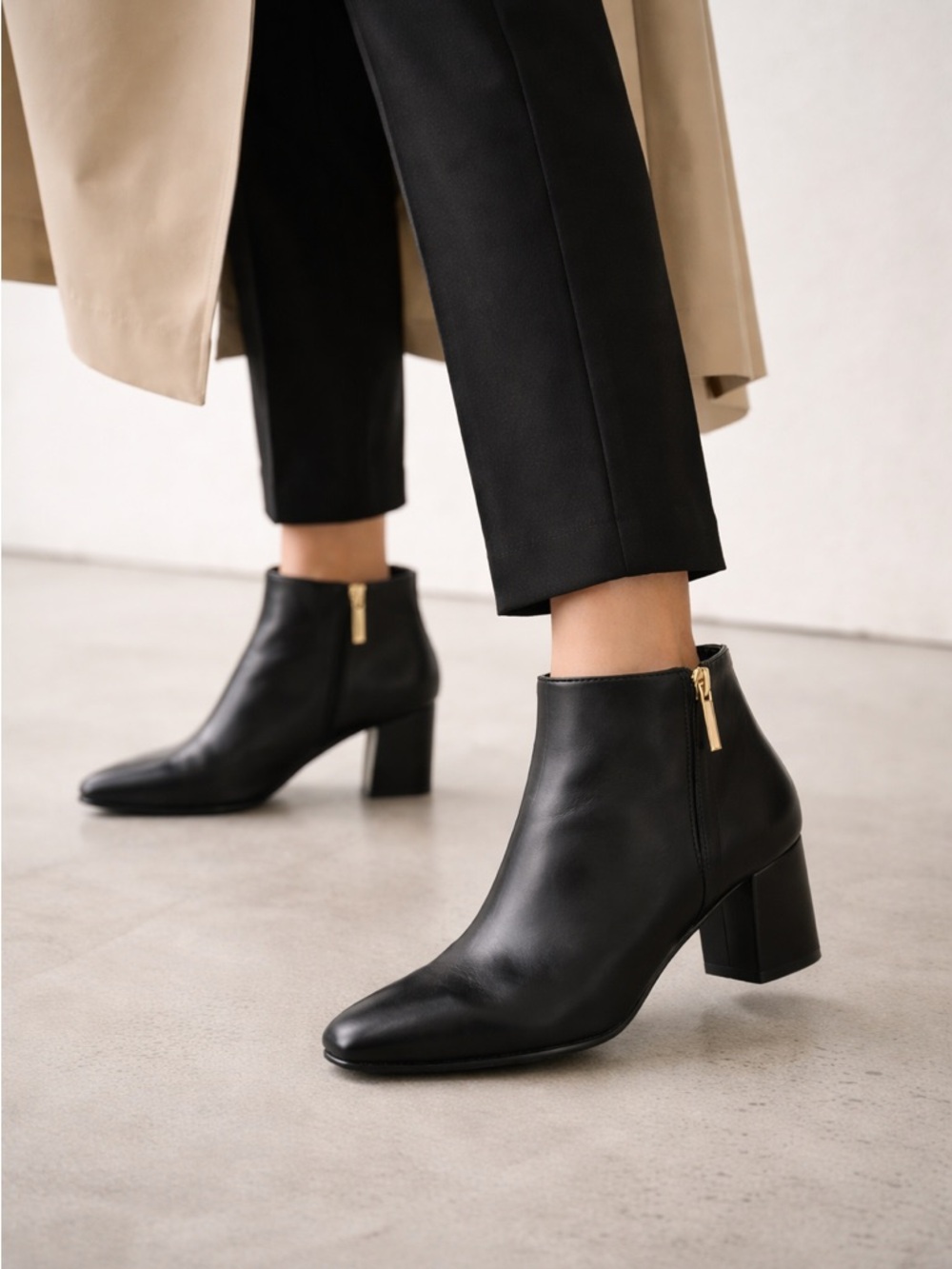 Karl Lagerfeld Black Leather Ankle Booties with Gold Zipper